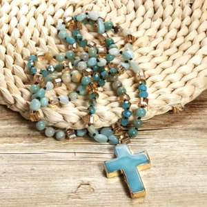 Boho Natural Blue Stone Cross Pendant Necklace Stylish Jewelry Long Chain Gift - Picture 1 of 4