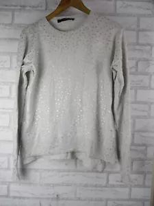 Decjuba womens jumper top sweater grey silver prints XS, 8 cotton mix - Picture 1 of 9