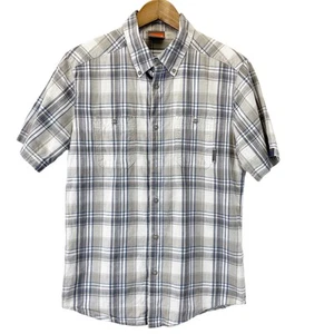 Merrell Boys XL Short Sleeve Plaid Button Down Shirt Tan Blue White Linen Blend  - Picture 1 of 8