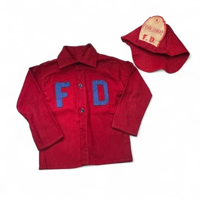 Camisa de disfraz del Departamento de Bomberos de la década de 1950 y sombrero de fieltro para jefe de bomberos rojo/azul talla 6-7 Foto 1 de 4