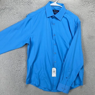 Nautica Shirt Dress Men 14-14.5 33-34 Small Blue Regular Button Up Stretch NEW - Image 1 of 4