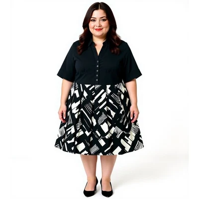 Vestido Donna Ricco Manga 1/2 Midi Negro Blanco Línea A Plisado Talla Grande 22 3X  Foto 1 de 4