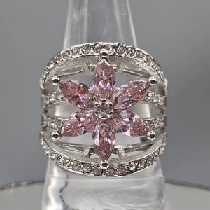 Rosa CZ Blume Ring Gr. 10 durchbrochen silberfarben klobig Statement Zirkonia - Bild 1 von 12