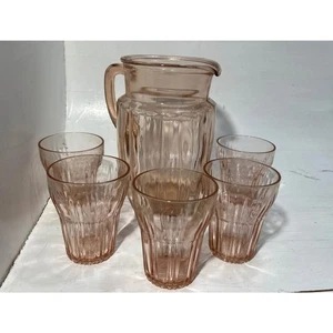 Rosa Depression Glas Krug & 5 Becher - gerippte Platte Limonade Set 1930er-40 - Bild 1 von 10