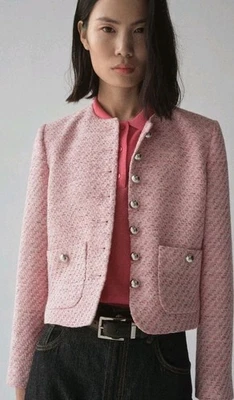 NUEVO CON ETIQUETAS $150 Chaqueta Para Mujer Mango MGN Karakay Rosa Tweed Ajustada Rosa Talla Pequeña  Foto 1 de 4