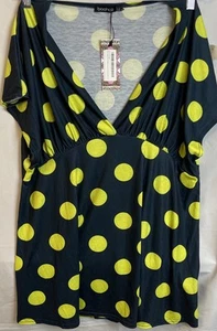 NWT boohoo Size 16 Navy green polka dots V Neck Smock Dress - Picture 1 of 8