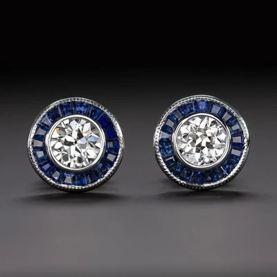 PENDIENTES ANTIGUOS ZAFIRO DIAMANTE TALLA EUROPEA HALO ESTILO VINTAGE ART DECO Foto 1 de 3