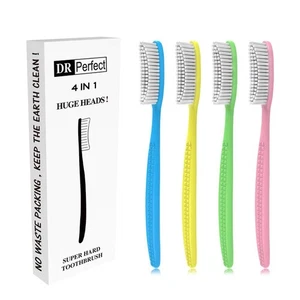 DR PEFECT Spazzolino Extra Duro e Solido Grande Testa Lunga Sbiancante Denti Confezione da 4 - Foto 1 di 6