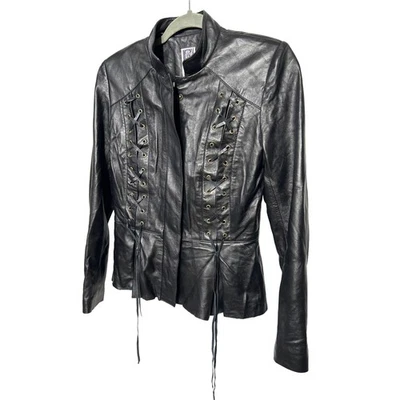 Zelda Lamb Leather Jacket Black Moto Style Lace Up Front Back Boho Grunge Soft - Image 1 of 4