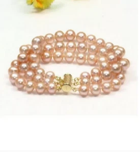 PULSERA 3 FILAS AAA 9-10MM MAR DEL SUR PERLAS ROSA BROCHE ORO 14K - Imagen 1 de 4