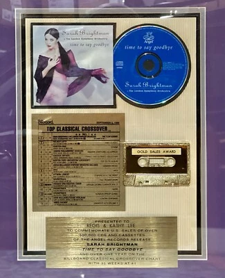 Framed Award Sarah Brightman Time To Say Goodbye Top Classical Crossover Hit ‘98 - Image 1 of 4