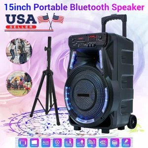 2700W Trolley Bluetooth Speaker Rechargable 15" LED Light Show With Tripod Mic - Picture 1 of 11