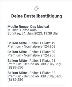 4 Tickets für Moulin Rouge - 04.06.2023 - Musical Dome Köln - Balkon 1. Reihe
