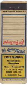 Paseo Pharmacy Kansas City MO. Cubierta vacía FS Matchbook - Imagen 1 de 3