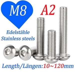 10mm~120mm Button Head Screws Allen Socket Bolts M8 A2 Stainless Steel Din 7380 - Picture 1 of 25
