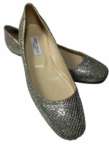 Ballerine Jimmy Choo Lame Finlay argento champagne glitter maglia taglia 39,5/8,5 - Foto 1 di 14