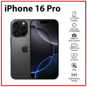 Apple iPhone 16 Pro 8GB+512GB BLACK TITANIUM Dual SIM Unlocked iOS Cell Phone - Afbeelding 1 van 8