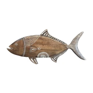 Fish Wood Carving Wall Mount Boho Henna Design - Picture 1 of 5