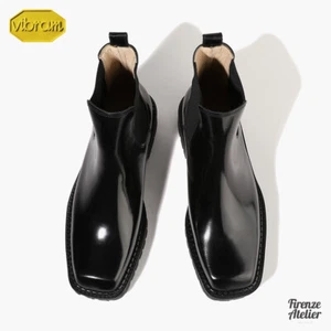 Firenze Atelier Mens Polished Black Leather Square Toe Chelsea Boots Vibram Sole - Picture 1 of 23