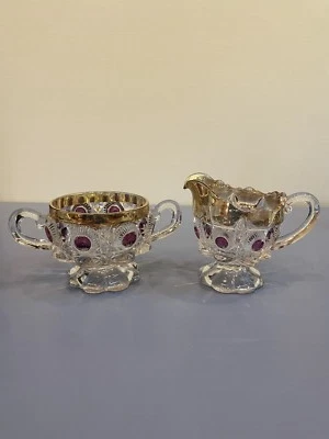 ANTIQUE EAPG US Glass Newport Bullseys & Daisy Gilded Ruby Stain Cream/Sugar SET - Image 1 of 4