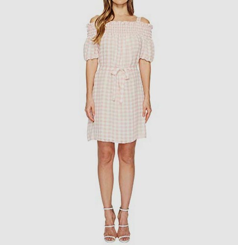 $882 Boutique Moschino Women's Pink Gingham Off The Shoulder Dress Size US 6