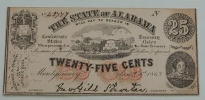 CIVIL WAR CONFEDERATE CURRENCY - STATE OF ALABAMA - 25 CENTS - DATED 1863 - Picture 1 of 1