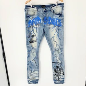 GFTD Men Jeans Distressed Skinny Stretch Blue Painted Embellished Ripped Sz 38 - Picture 1 of 12