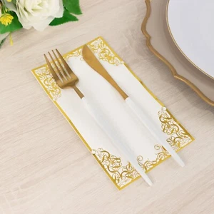 50 WHITE Soft Dinner Paper Napkins with Gold Foil Lace Design Party Centerpieces - Picture 1 of 8