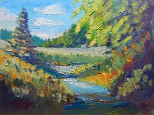 wilderness creek trees pines Impressionism Landscape Original Oil Painting - Picture 1 of 4