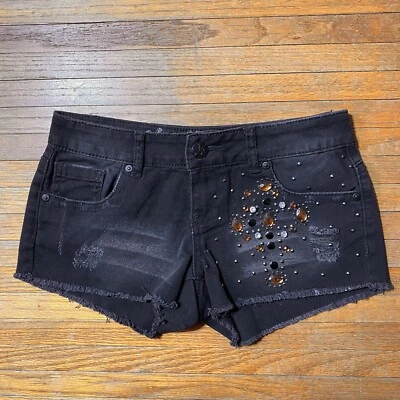 Vanilla Star Shorts Size 3 Juniors Black Denim Raw Hem Jeweled Bedazzled Womens - Image 1 of 4