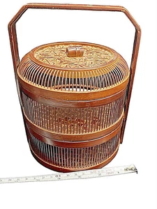 Chinese Wedding Basket Cricket Cage Carved Handle 2 Tier Bamboo 8" Fine Antique - Picture 1 of 10