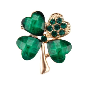 Green Four Leaf Clover Crystal Rhinestone Lucky Shamrock Brooch Ireland Pin Gift - Picture 1 of 11
