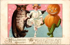 HALLOWE'EN JOLLITY! 1913 John Winston Embossed Pumpkin Owl Postcard - Picture 1 of 2