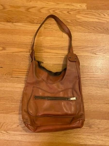 Small Brown Leather Shoulder Purse Bag 12" x 12" x 3" Zip Top w Zipper Pocket - Picture 1 of 12