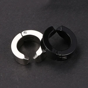 Black/Silver No Piercing Mens Hoop Huggie Earrings Clip On Women Stainless steel - Picture 1 of 13