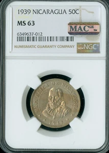 1939 NICARAGUA 50 CENTAVOS NGC MS63 RARE IN MINT STATE . - Picture 1 of 2