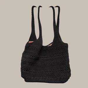 Lina Tote Bag Black Crochet Knit Handcrafted Shoulder Twin Straps Handbag - Picture 1 of 8