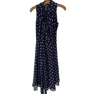 Lauren Ralph Lauren Navy Polka Dot Wrap Dress Navy Blue Chiffon Women 4 Classic - Picture 1 of 6