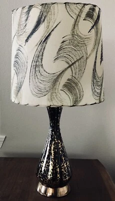Vintage Mid Century MCM Table Lamp W/ Fiberglass Shade 29” Black Gold Working - Image 1 of 4