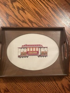 Wood Serving Tray Glass Top San Francisco Trolley Cross Stitch Oval Handles - Picture 1 of 7