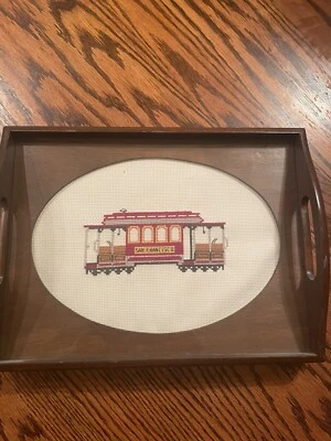 Wood Serving Tray Glass Top San Francisco Trolley Cross Stitch Oval Handles - Image 1 of 4