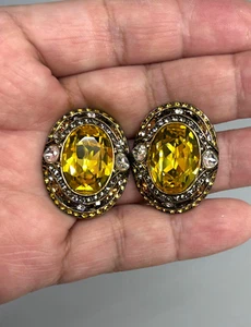 Designer HEIDI DAUS Gold Tone/Lemon Citrine Oval Shaped Crystal Clip On Earring - Picture 1 of 14