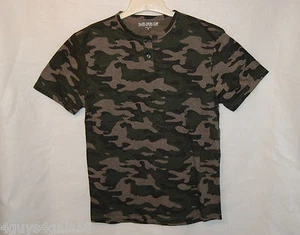 MENS Henley Tee Shirt GREEN CAMOUFLAGE L 42-44 Authentic Side Car SHORT SLEEVE - Picture 1 of 1