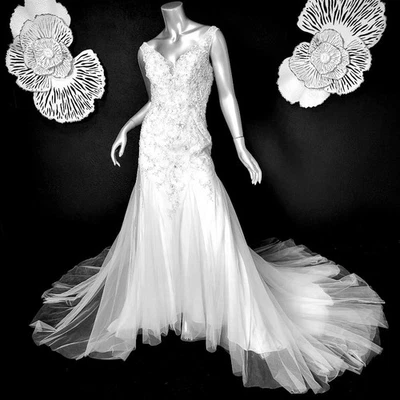 NWD~$1499~DAVINCI~2/4~IVORY EMBELLISHED FIT & FLARE BEADED WEDDING DRESS GOWN - Image 1 of 4