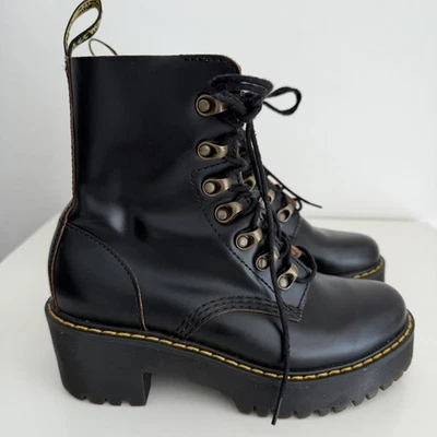 Dr. Martens Leona Boots Womens 6 Black Leather Combat Lace Up Chunky Heel - Image 1 of 4