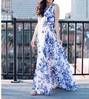 Maxi Vestido Eliza J Plisado Azul Blanco Floral Gasa Sin Mangas (Q5-16) Foto 1 de 4