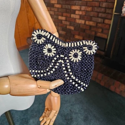 Bolsa de contas de madeira vintage anos 30 Art Deco feita à mão Tchecoslováquia embreagem coquetel festa - Imagem 1 de 4