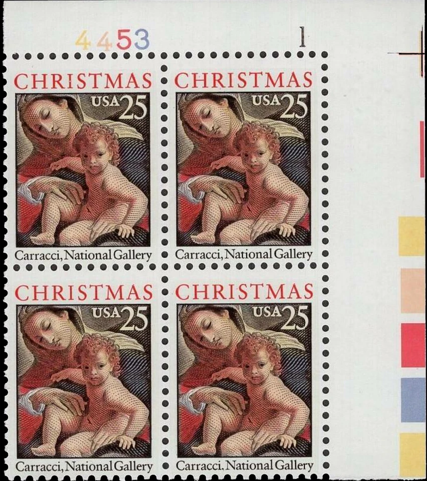 US Madonna and Child by Carracci 25c Stamp Plate Block of 4 Scott #2427 - Image 1 of 1