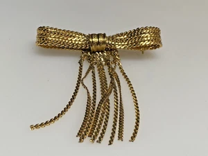 Vintage Brooch Ribbon Bow Gold Metal Tassel Chains 12g - Picture 1 of 12
