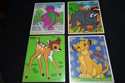 4 Vintage PLAYSKOOL FRAME TRAY PUZZLE Wooden Triceratops Barney Bambi Simba - Image 1 of 4